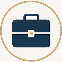 Briefcase icon in dark blue within a gold circular border.