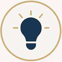 Light bulb icon with radiating lines in dark blue within a gold circular border.