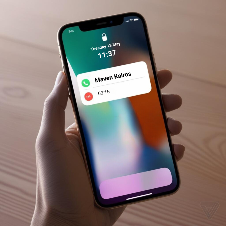 Hand holding iPhone displaying incoming call notification from Maven Kairos with colorful blurred wallpaper background.