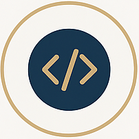 Code brackets icon in dark blue within a gold circular border.
