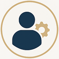 Person icon with gear symbol in dark blue within a gold circular border.