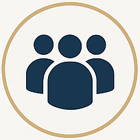 Three person silhouettes icon representing a group or team in dark blue within a gold circular border.
